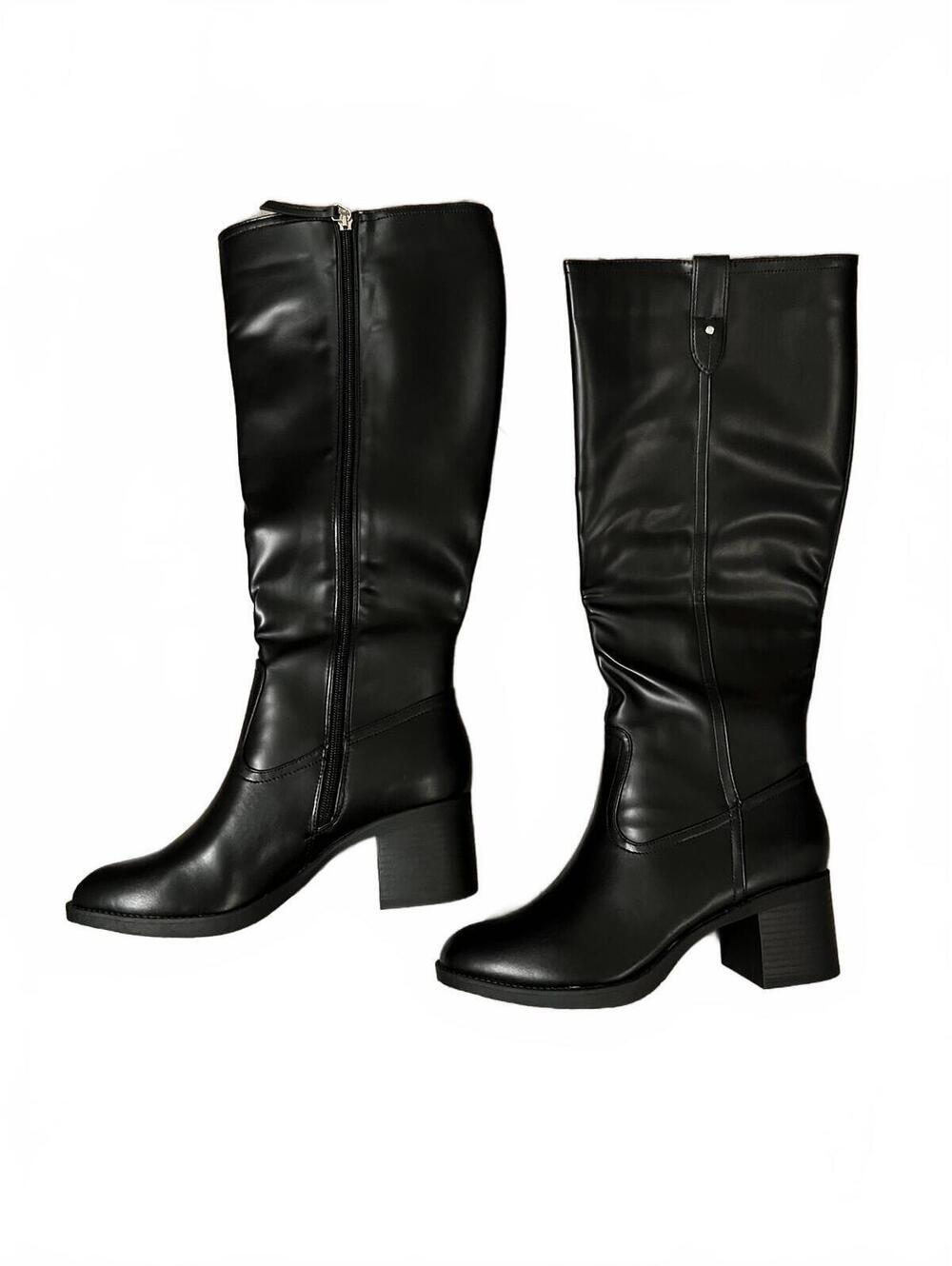 Black Knee-High Block Heel Boots with Side Zipper